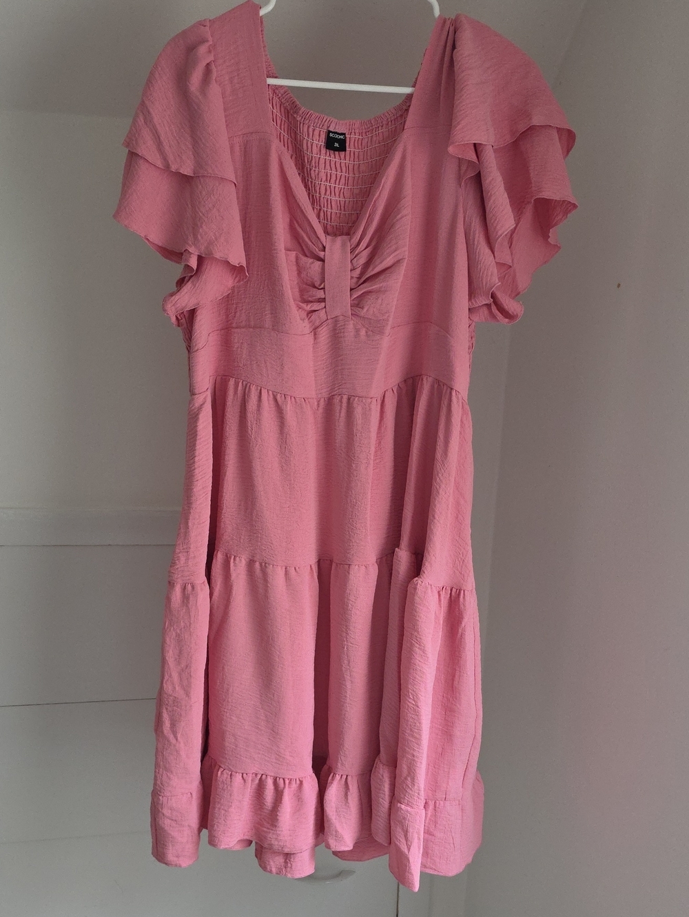 Womens Pink Ruffle-Sleeve Tiered Dress